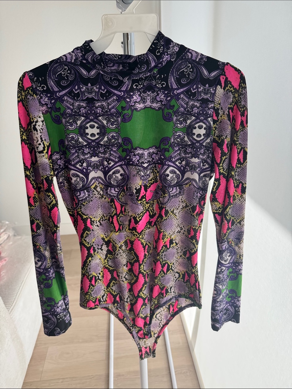 Long-Sleeve Printed Mock Neck Bodysuit in Green, Pink & Purple